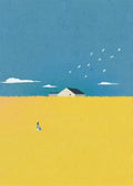 A lone figure in a wide yellow field, a white farmhouse and birds under a deep blue sky