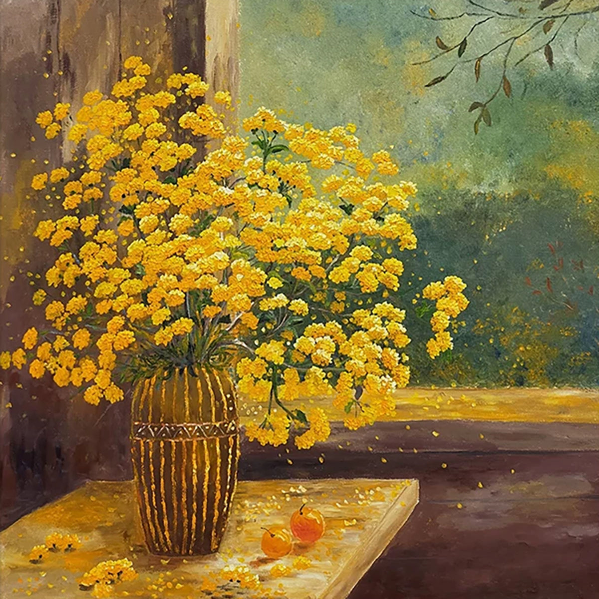 A tall vase of golden yellow blossoms on a sunlit table, two small oranges beside it