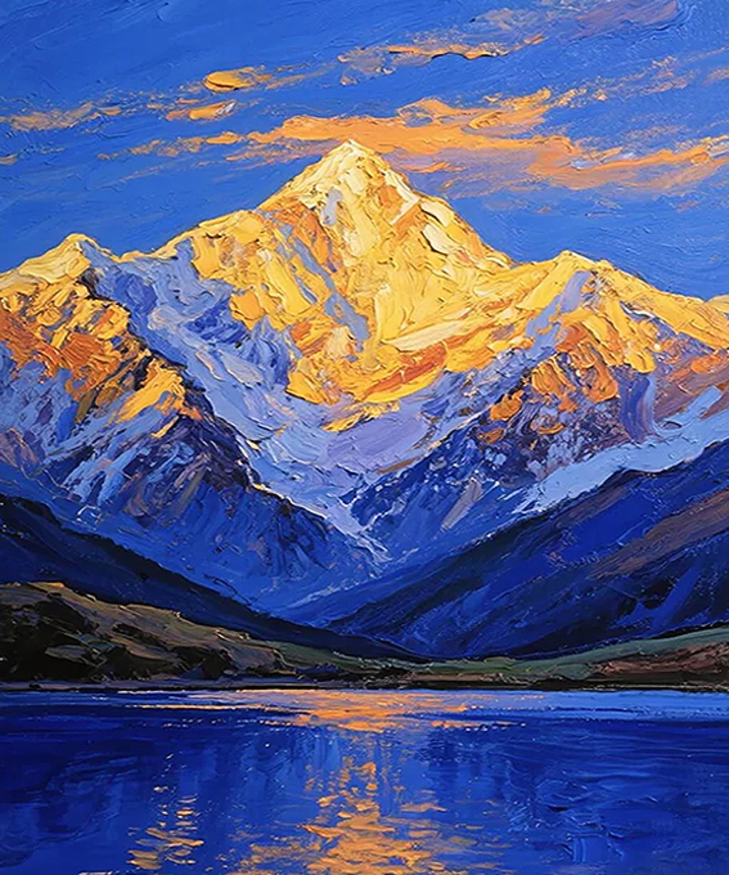 A snow peak lit gold and orange at sunset above deep blue ridges and a glowing lake
