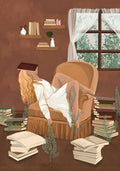 A woman dozing in a peach armchair with an open book over her face, stacks of books around her