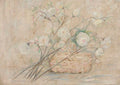 Long-stemmed white roses laid across a wicker basket in soft, faded tones