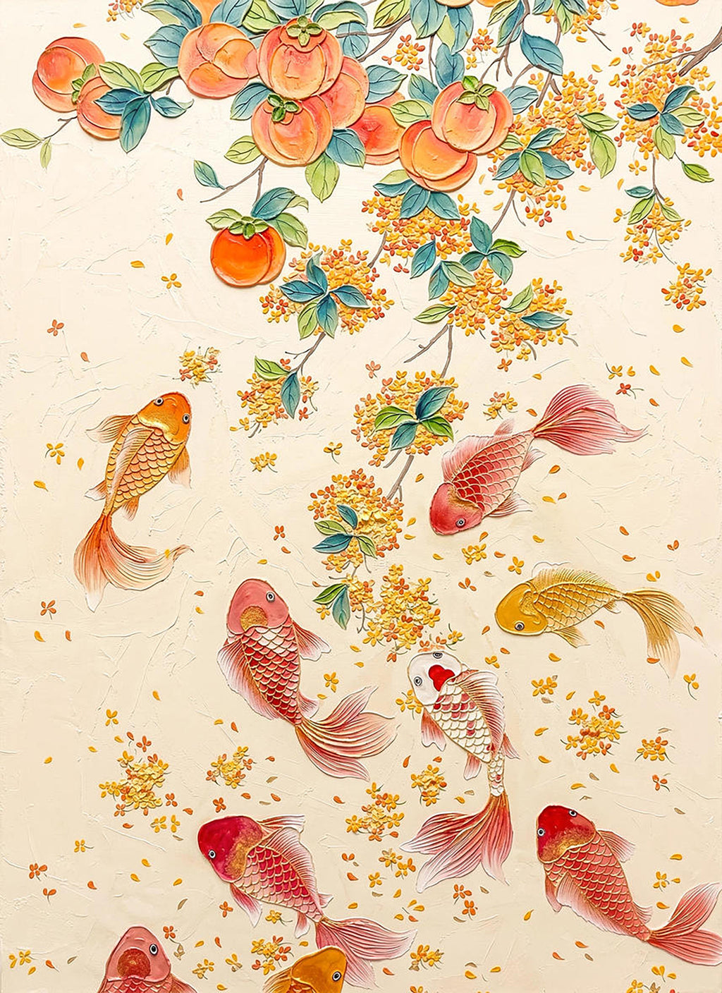Red and gold koi swimming under a branch of ripe persimmons and falling osmanthus blossoms