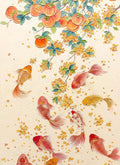 Red and gold koi swimming under a branch of ripe persimmons and falling osmanthus blossoms