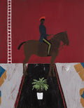 A rider on a chestnut horse before a crimson wall, a potted fern on a black runner below