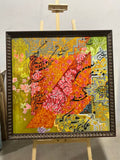 A tiger resting in dense peonies on a decorative green and gold patterned ground.