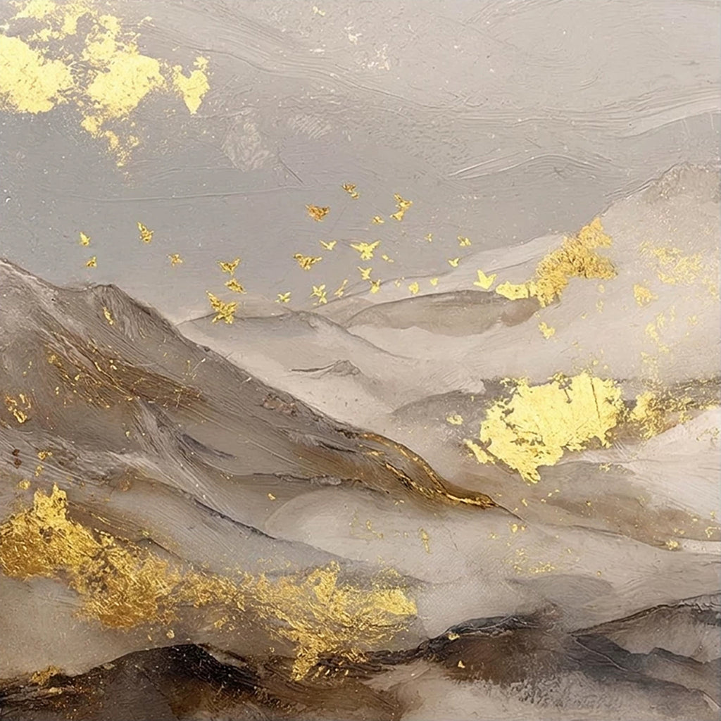 Misty grey mountain ridges flecked and veined with gold leaf