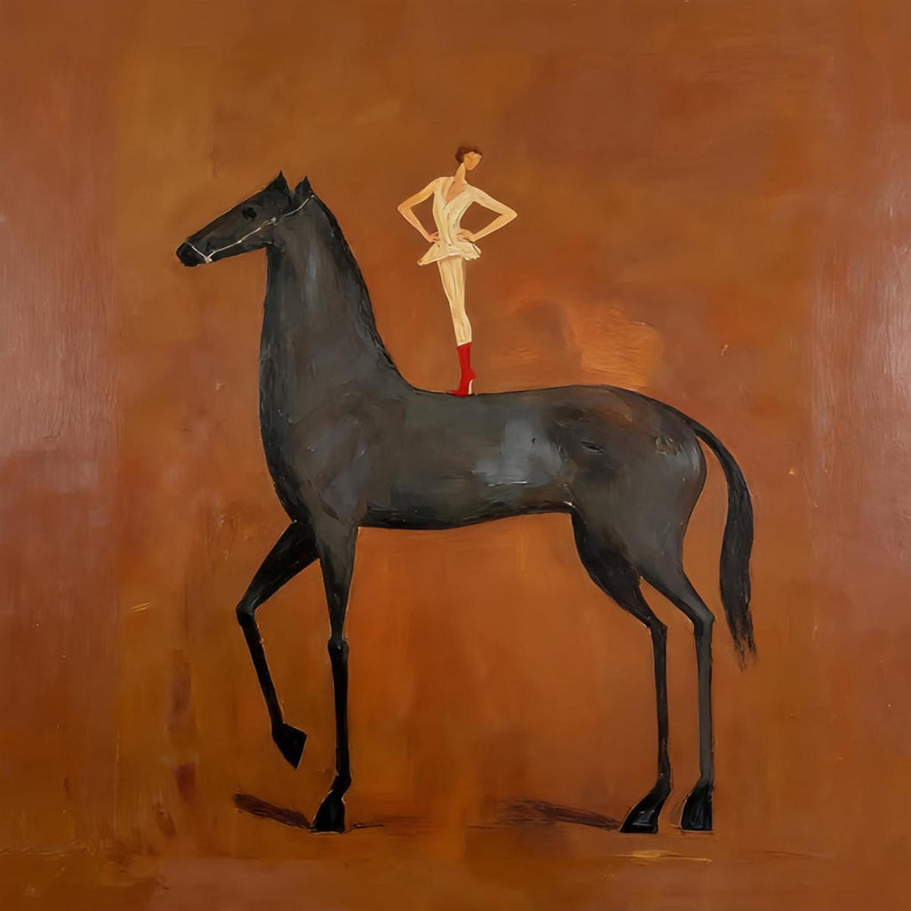 A small acrobat in red boots balancing on the back of a tall black horse against a burnt-orange ground