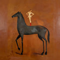 A small acrobat in red boots balancing on the back of a tall black horse against a burnt-orange ground