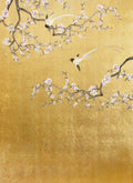 Two long-tailed birds among white cherry blossom on a gold-leaf ground