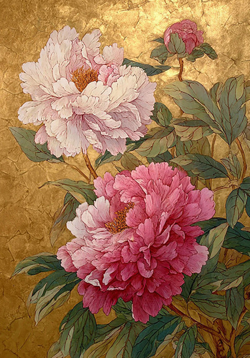 A pale pink and a deep rose peony in full bloom among green leaves on a gold-leaf ground