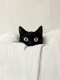 A black cat peeking over a white sheet