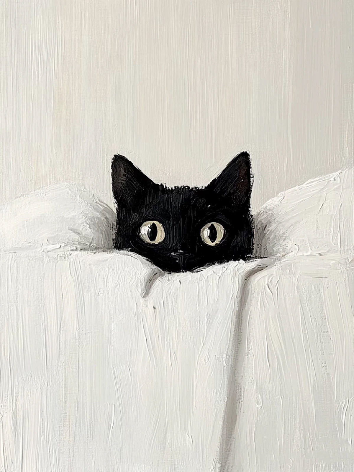 A black cat peeking over a white sheet