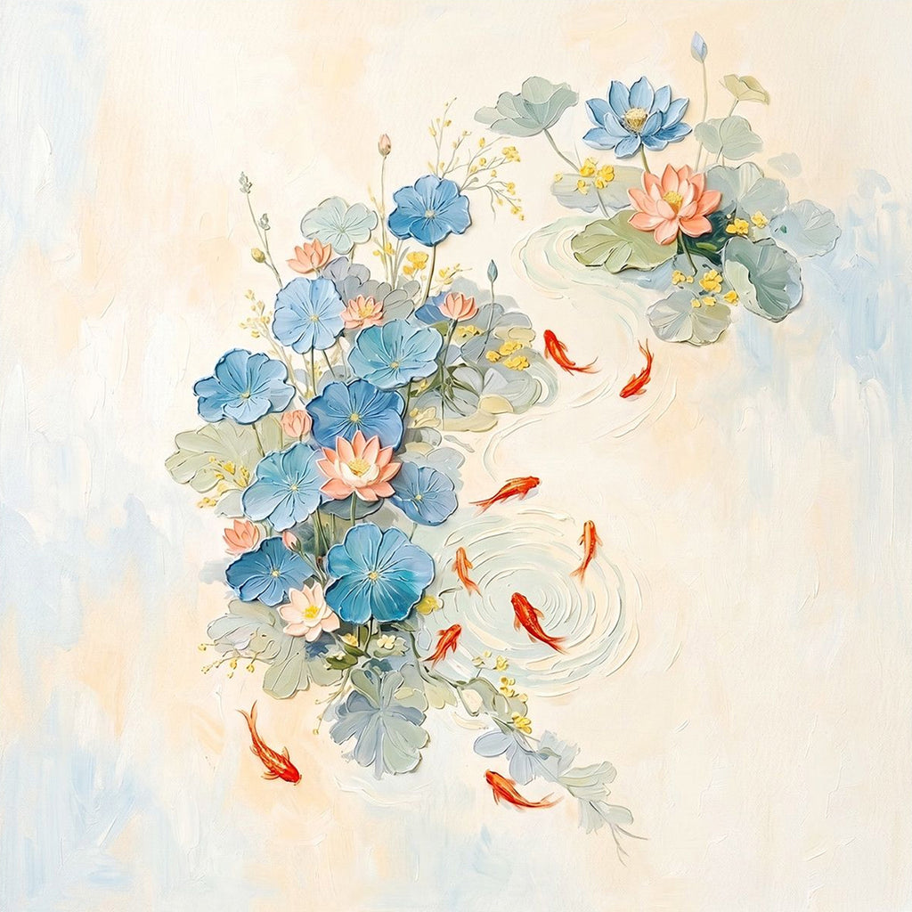 Blue and pink lotus flowers above swirling orange goldfish