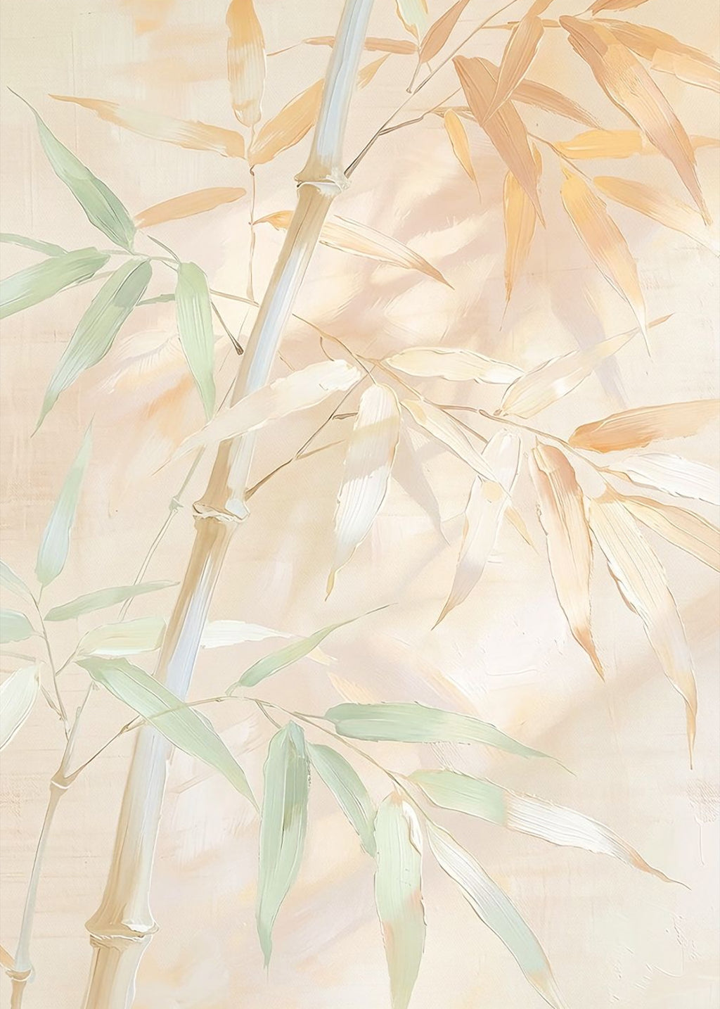Pale peach and green bamboo stems and leaves on cream
