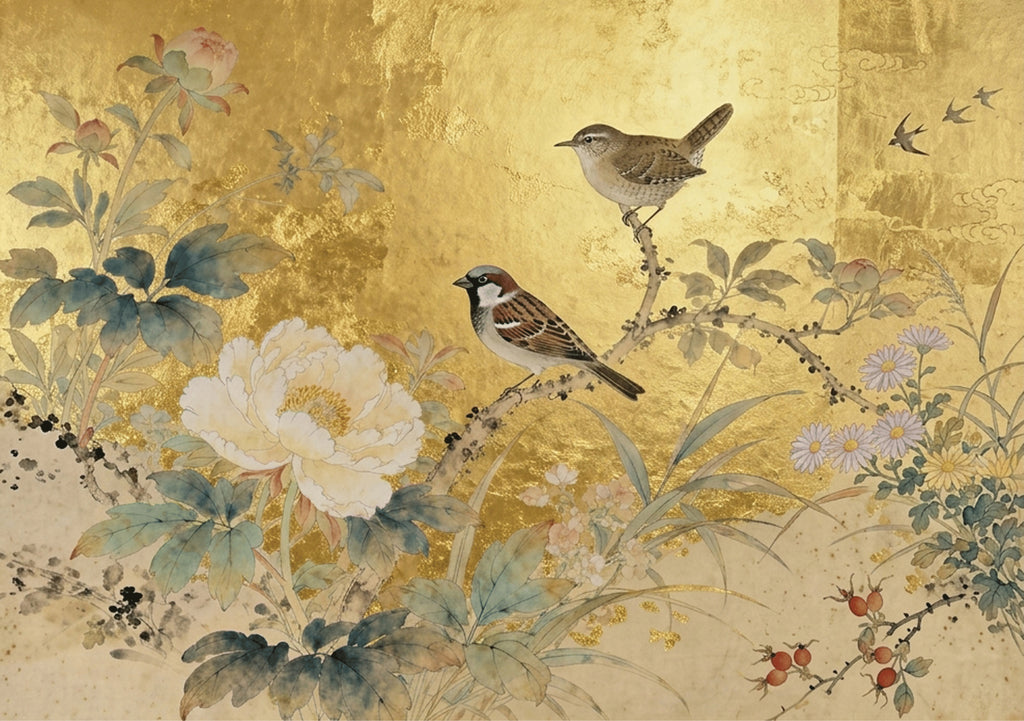 Two sparrows over a white peony and leaves on gold leaf
