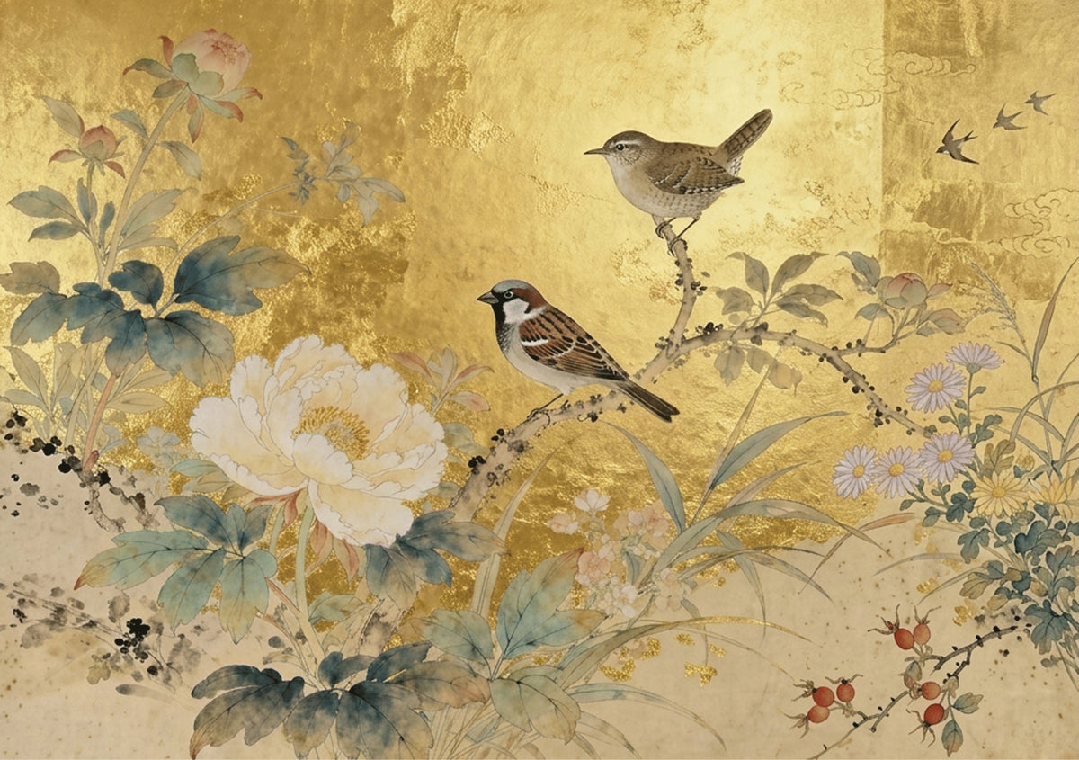 Two sparrows over a white peony and leaves on gold leaf