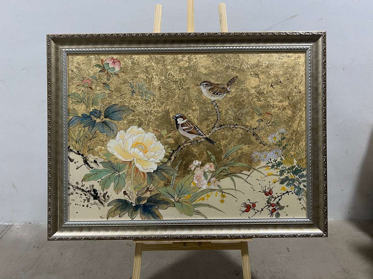 Sparrows and Peony on Gold
