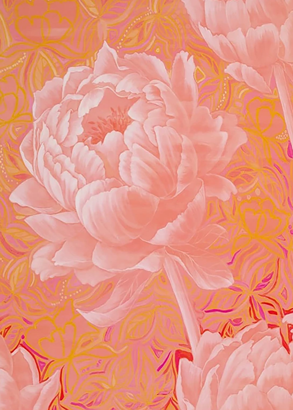 A large peony drawn in coral and pink line on orange-pink