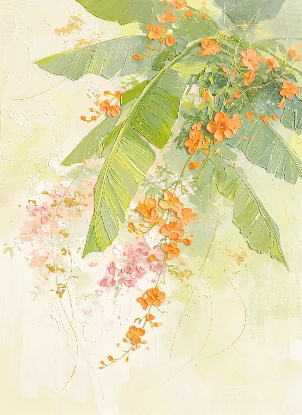 Orange and pink blossoms tumbling over pale banana leaves