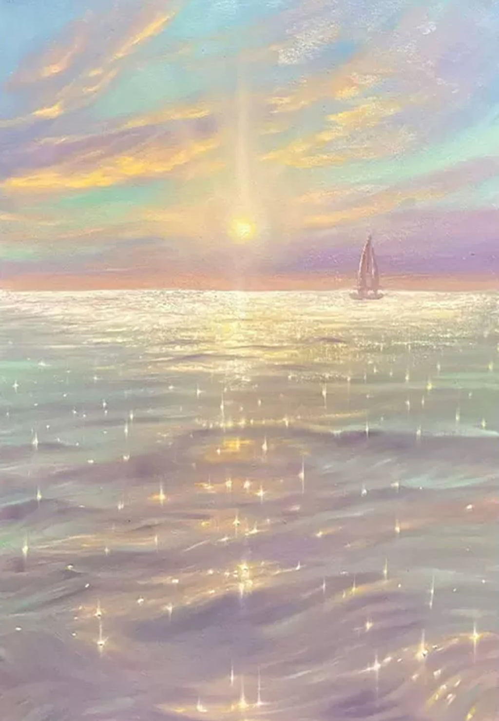 A sail on a glittering lilac and gold sea under a sunset sky