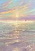 A sail on a glittering lilac and gold sea under a sunset sky