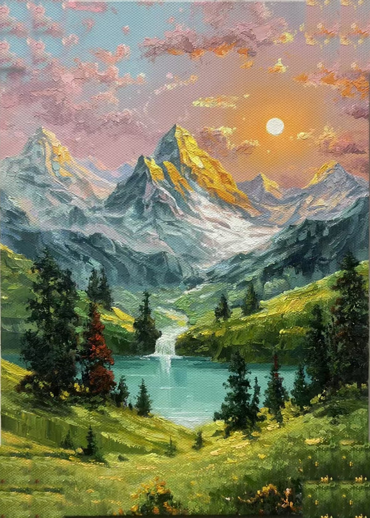 Golden-lit snowy mountains above a turquoise alpine lake with a waterfall, pine trees and a flowering meadow