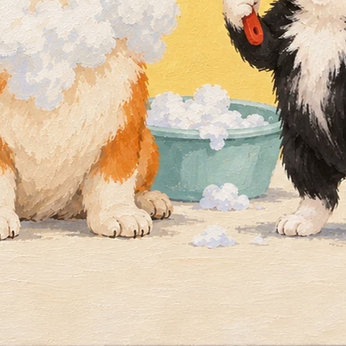 Close-up of the turquoise bath, bubbles and painted paws in Bath Time Buddies
