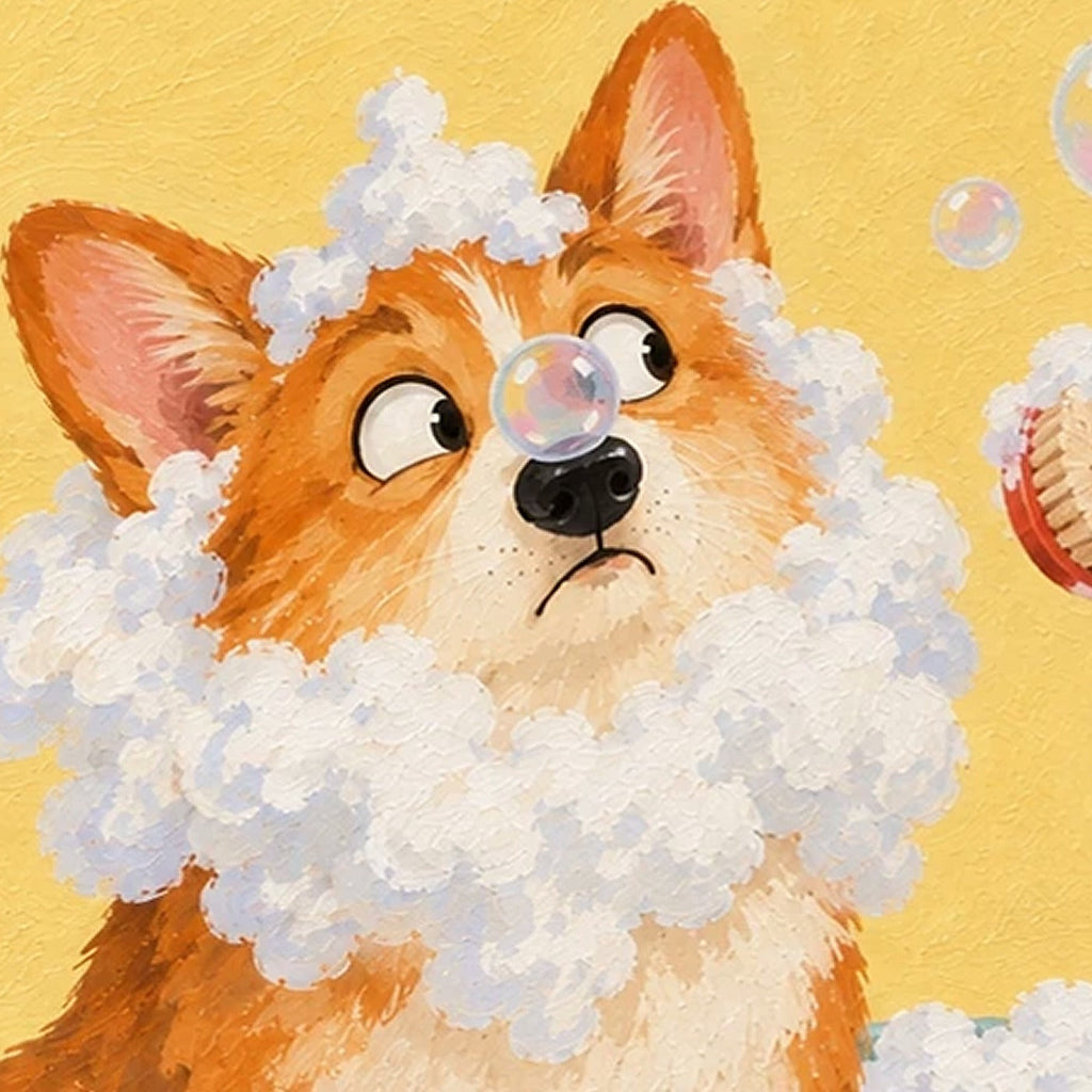 Close-up of the corgi, bubbles and painted brushwork in Bath Time Buddies