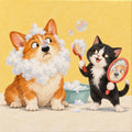 Flat, upscaled front artwork of Bath Time Buddies showing a corgi and cat at bath time