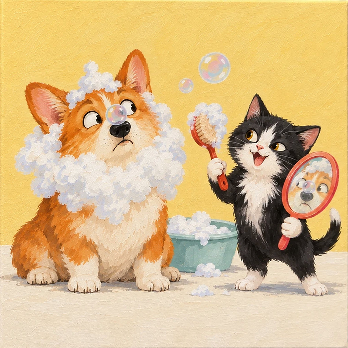Flat, upscaled front artwork of Bath Time Buddies showing a corgi and cat at bath time