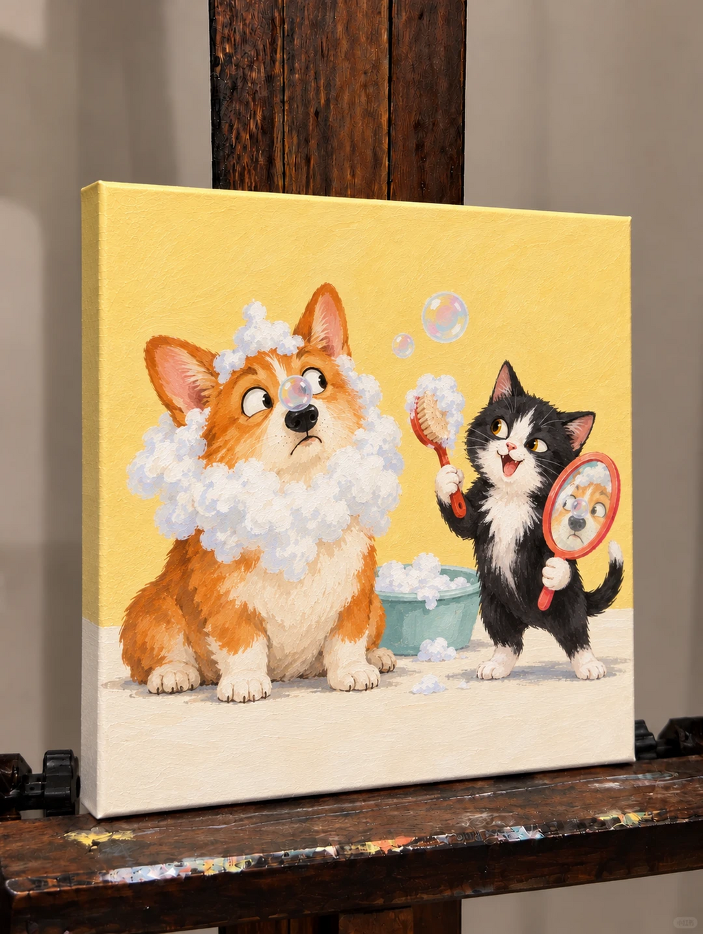 Original angled studio photo of Bath Time Buddies on an easel