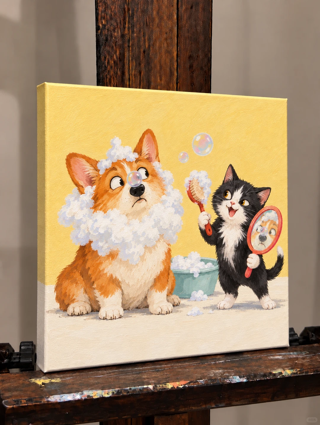 Original angled studio photo of Bath Time Buddies on an easel