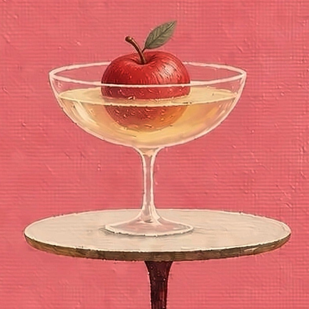 Close-up of the actual red apple, champagne coupe and painted glass highlights in Dachshund and the Apple Coupe