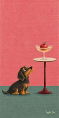 A wire-haired dachshund looking up at a red apple in a champagne coupe on a pedestal table, pink wall and teal floor