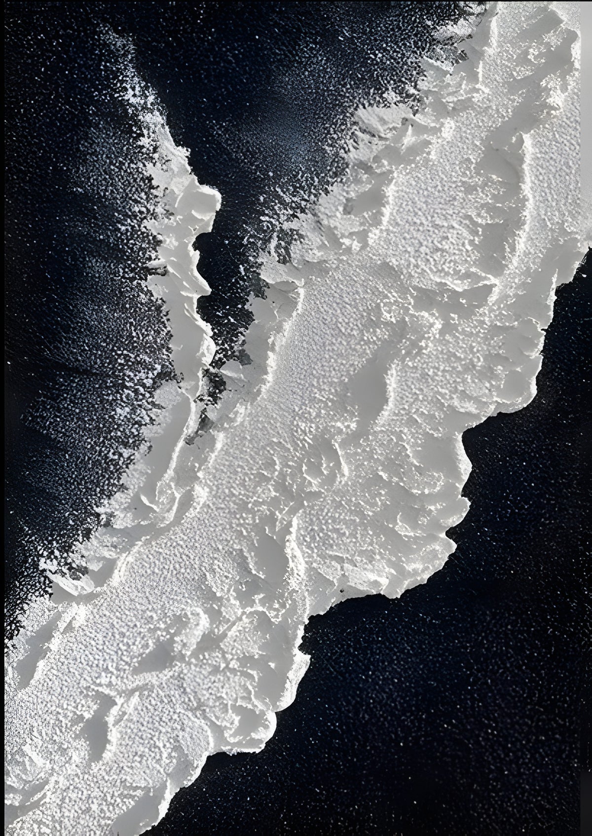 Abstract oil painting of white textured ice against dark navy water, vertical orientation