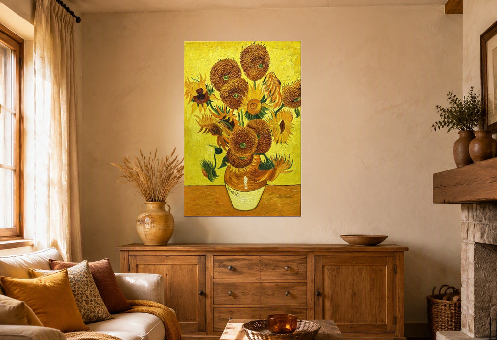 Room visualization showing Sunflowers in a Vase at scale above a wooden sideboard