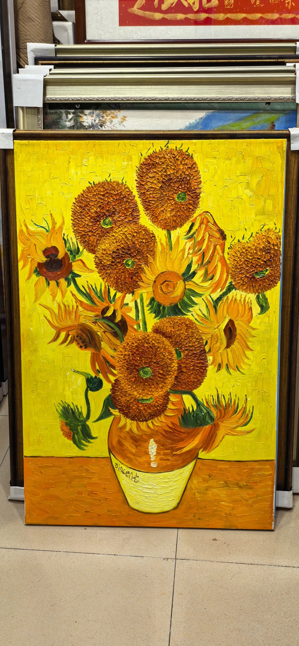 Studio photo of the actual painting in the workshop, angled view
