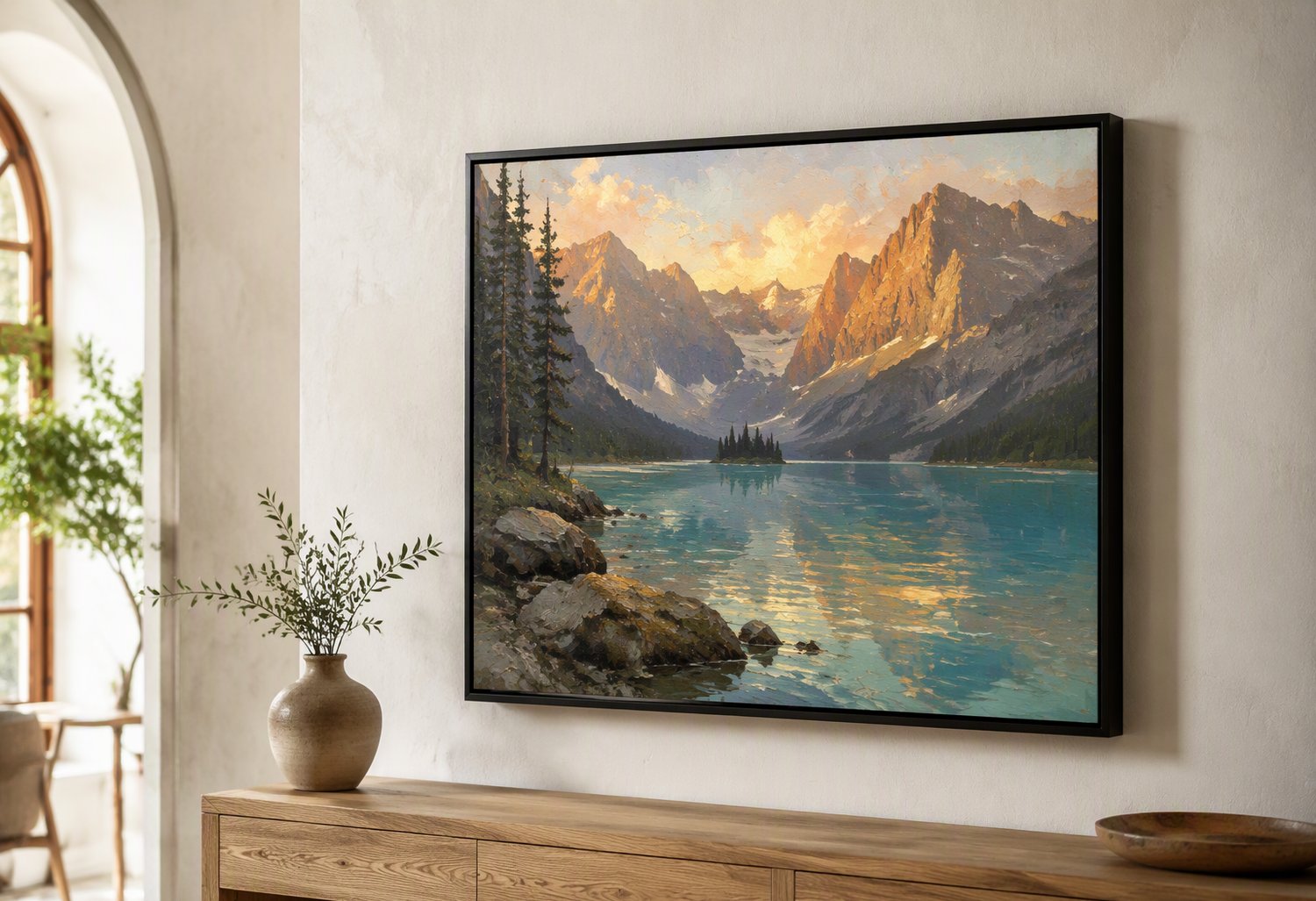 Framed canvas hanging on a wall above an oak console