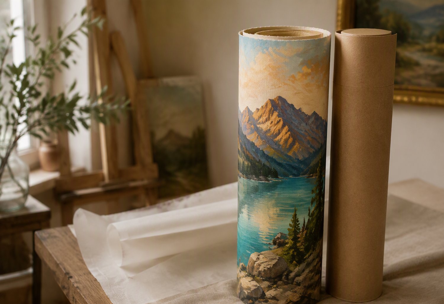 Hand-painted canvas rolled beside its protective shipping tube