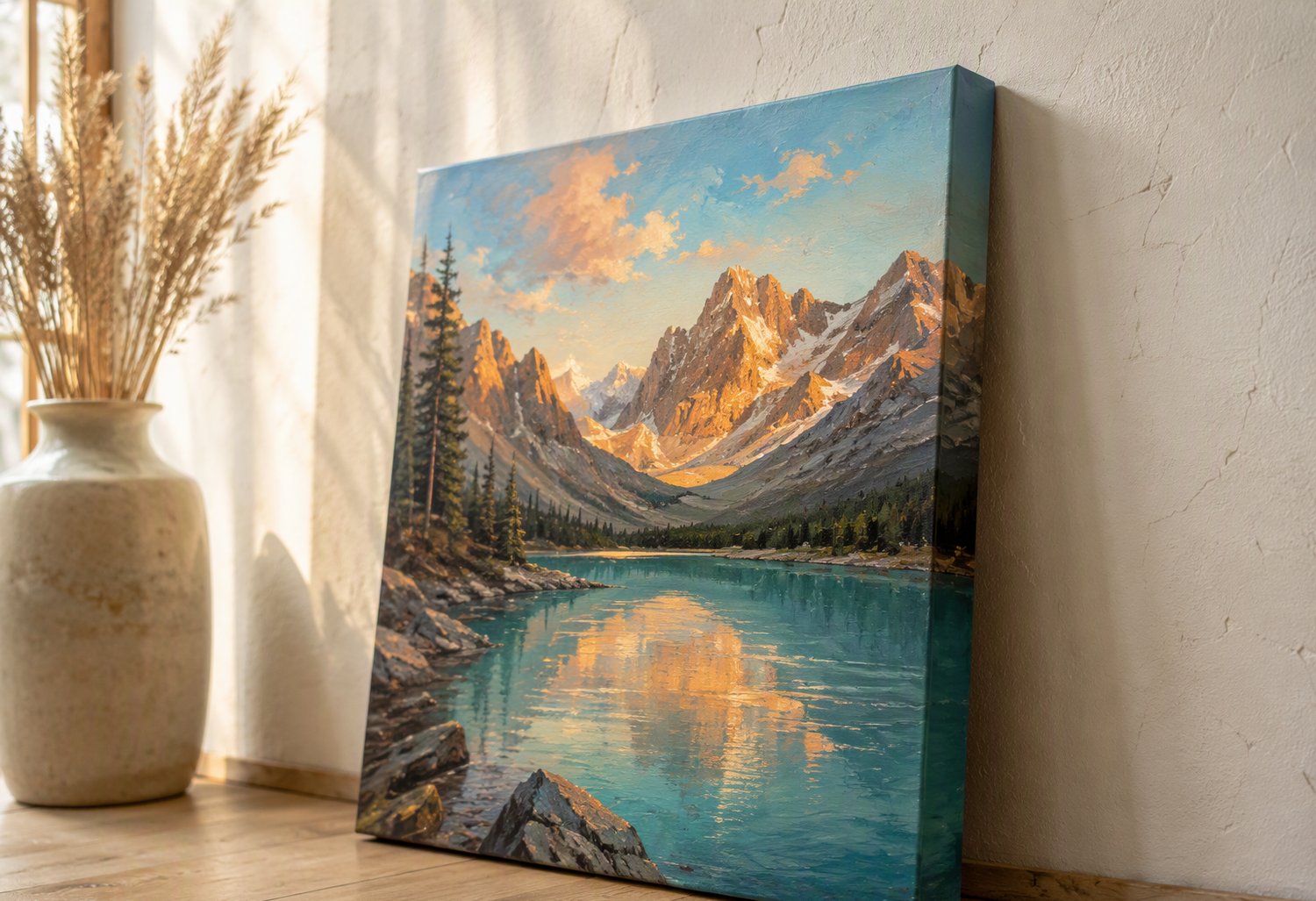Gallery-wrapped canvas with deep wooden bars and painted edges leaning against a wall
