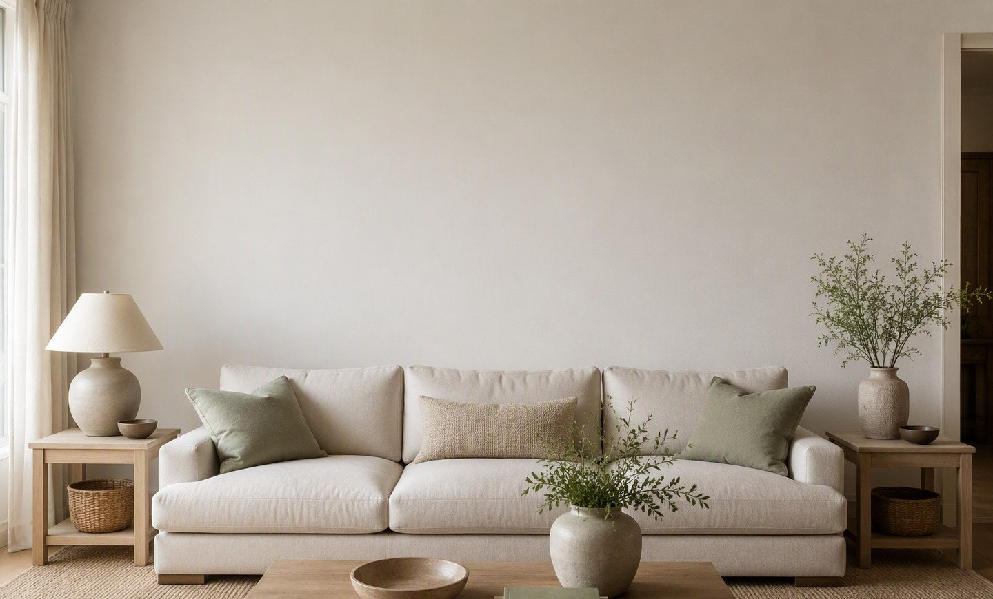 Neutral living room with an 84-inch sofa